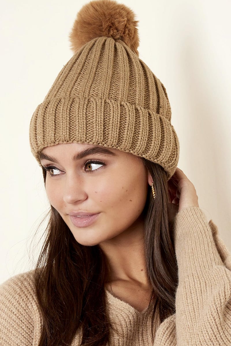 Beanie Furry Pompon Green Acrylic